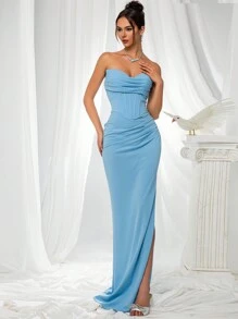 VIPGIRL 优雅伴娘礼服：无肩带修身缎面礼服，搭配紧身胸衣和垂坠腰部 - 极简主义奢华正式晚装，婚礼宾客服装