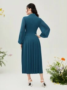 Modelyn Pleated Long Lantern Sleeve Button Front Modest Dress - Teal Blue - View 2
