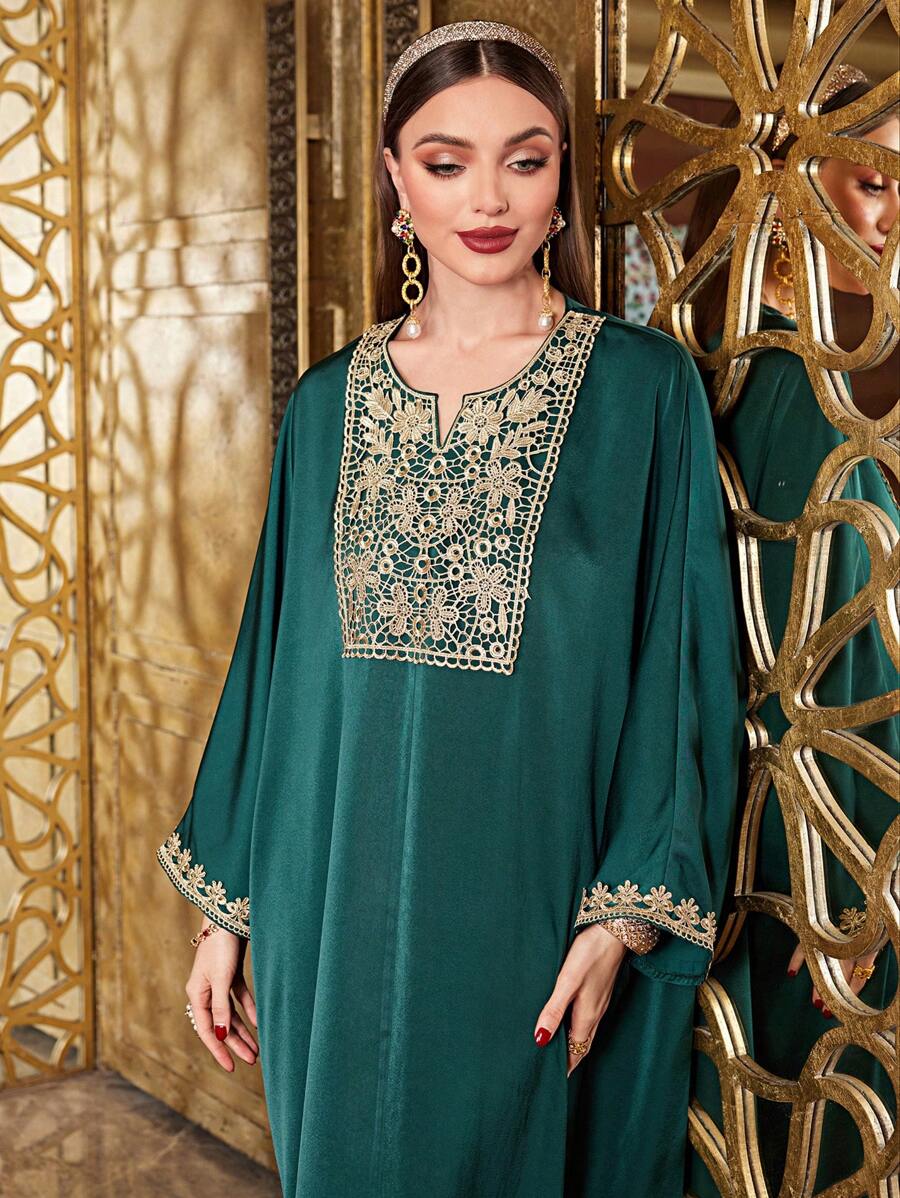 Al Najma Women'S Loose Fit Casual Dress With Embroidery Details And Slit Neckline Kaftan Jalabiya Dress - Dark Green - View 1