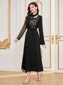 Modelyn Women's Leaf Embroidery Contrast Mesh Dress Long Evening Dresses Fall Cloth For Women - Black - View 3