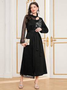 Modelyn Women's Leaf Embroidery Contrast Mesh Dress Long Evening Dresses Fall Cloth For Women - Black - View 5