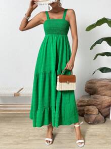 SHEIN VCAY Của phụ nữ Nếp uốn Xù Hoa Sen Váy Dây - màu xanh lá - Xem 6