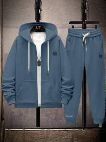 男士休閑字母印花拉鍊前開衫和慢跑運動長褲套裝,多功能 - 藍色 - 查看 1