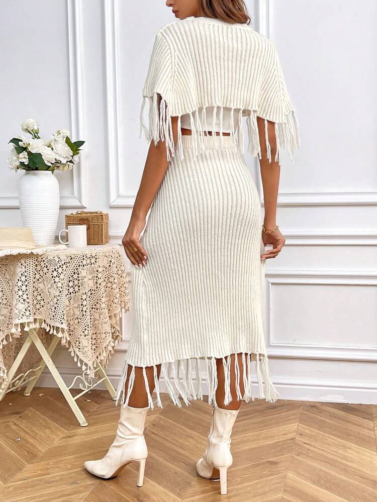 Women' Fringe Hem Patchwork Sweater And Skirt Set