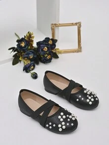 Zapatos Planos Para Niñas Con Correa Cruzada De Perlas Doradas Para Bodas, Escenificaciones Y Princesas