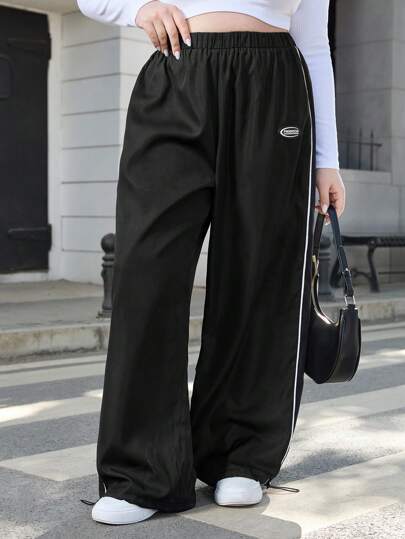 SHEIN Essnce Plus Size Side Stripe Patch Drawstring Jogger Pants