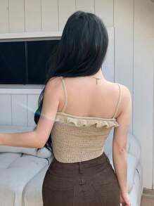 Dazy Designer 荷叶边吊带针织上衣，荷叶边 - 卡其色 - 查看 2