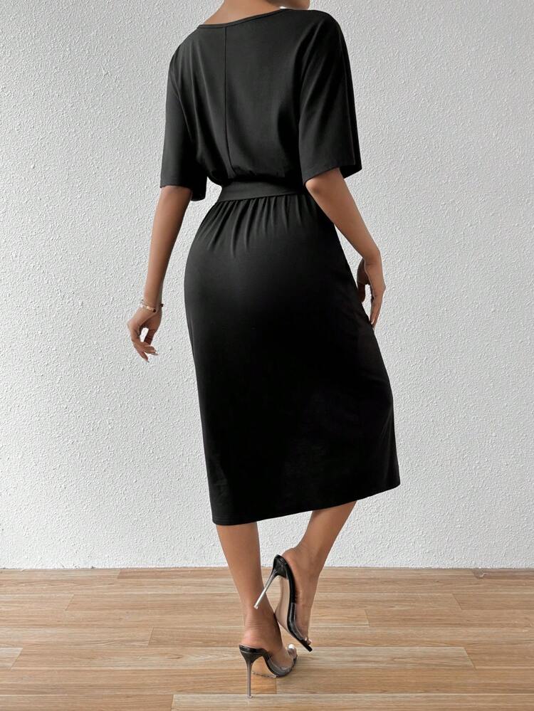 Women'S Solid Color Wrap Hem Belted Dress