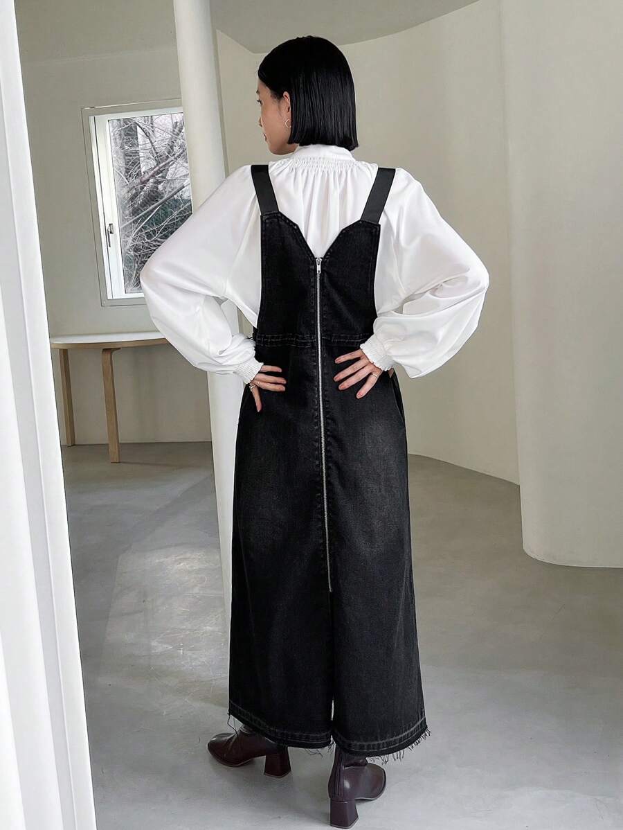 FRIFUL Women'S Long Denim Overalls Dress With Back Zipper Dress - Black - View 1