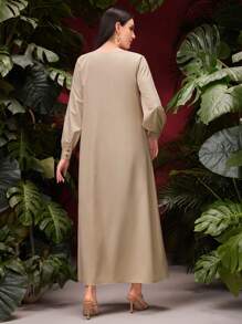 Al Najma Đầm Ả Rập kín đáo cổ tròn tay dài một hàng khuy cho nữ - Màu be - Xem 2