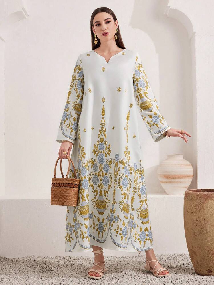 Women'S Long Sleeve Arabian Style Plant Printed Dress
