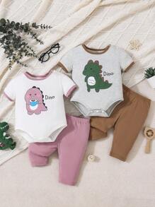 2 Sets Baby Boy Cute Cartoon Dinosaur Printed Rompers And Pants Pajama Set - Multicolor - View 1