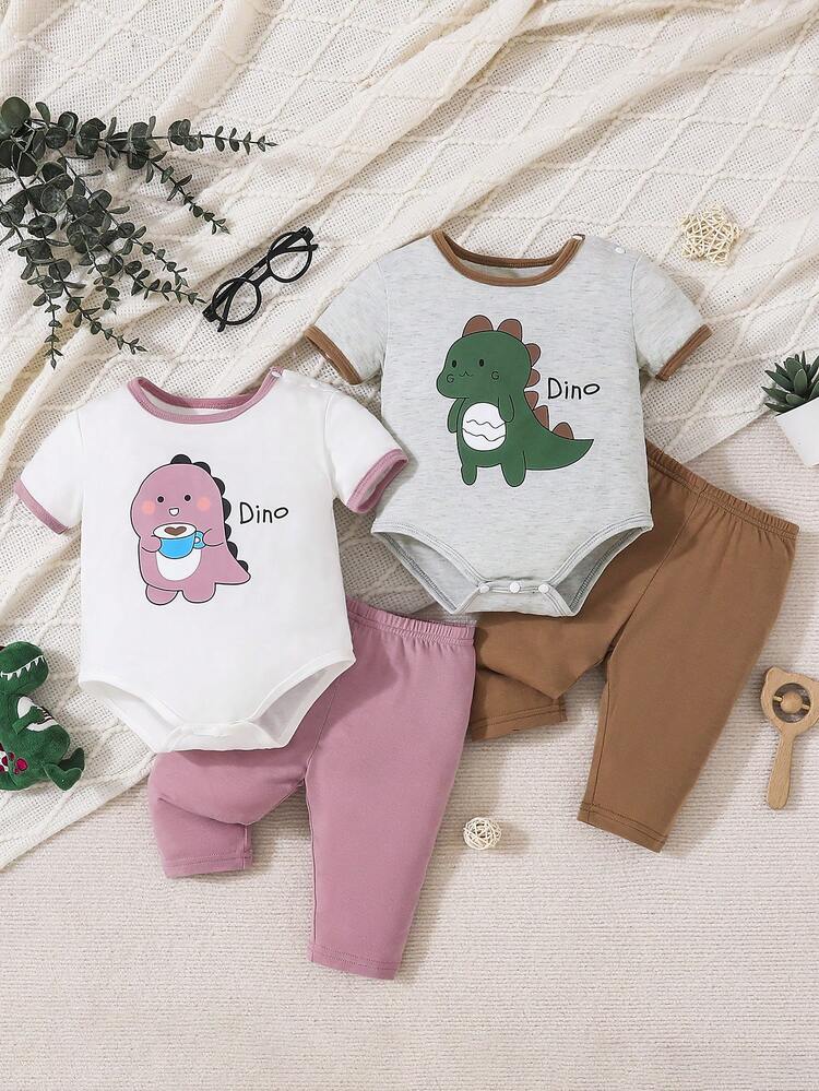 2 Sets Baby Boy Cute Cartoon Dinosaur Printed Rompers And Pants Pajama Set