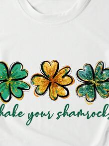 SHEIN Essnce Ladies' Short Sleeve T-Shirt With Clover & Letter Pattern - White - View 4