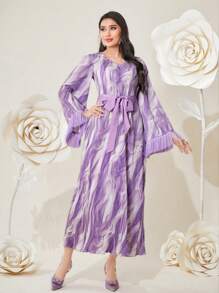 Modelyn Ladies Fringe Hem V-Neck Splicing Dress - Purple - View 5