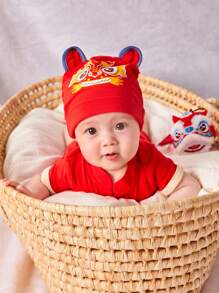 SHEIN Barboteuse À Manches Courtes Col Montant De Style Chinois Pour Nouveau-né Avec Chapeau De Tigre Et Short