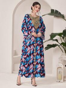 Al Najma Vestido Estampado Bordado Com Decote Redondo E Ajuste Solto - Multicolorido - Ver 4