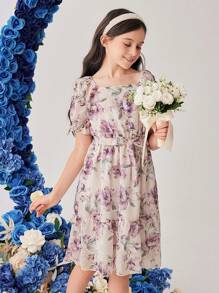 SHEIN Dziewczyny Krótki Rękaw Elegancki Sukienka w kwiatki