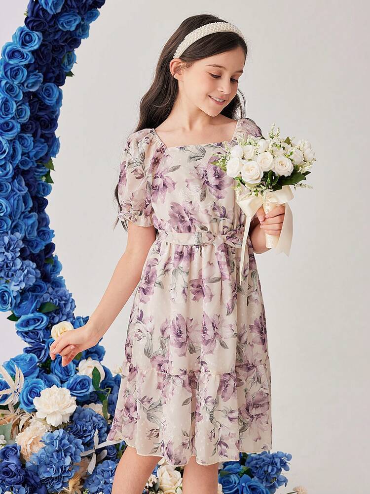 Tween Girl's Short Sleeve Elegant Floral Dress