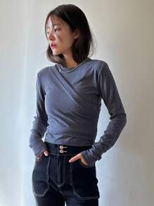DAZY Bộ đồ hai mảnh màu trơn dành cho nữ, áo kiểu quấn, bộ đồ mặc nhà mùa thu cho nữ. - Xám - Xem 4