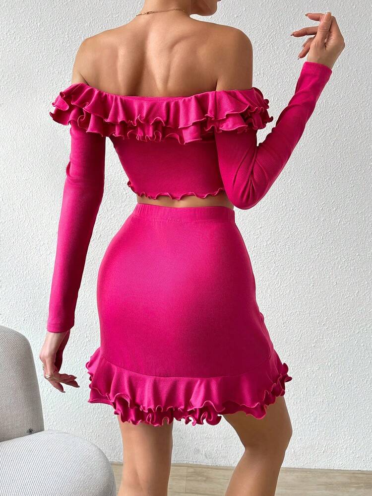 Ruffle-Trimmed Cropped Top And Skirt Set, Perfect For Valentine's Day Date, For Women
