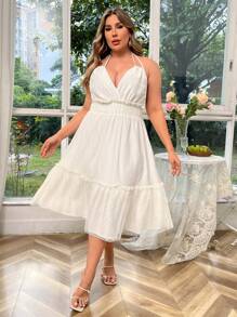 Flirla Vestido De Talla Grande Con Cuello Halter Y Cintura Con Lazo Para Mujeres - Albaricoque - Ver 5