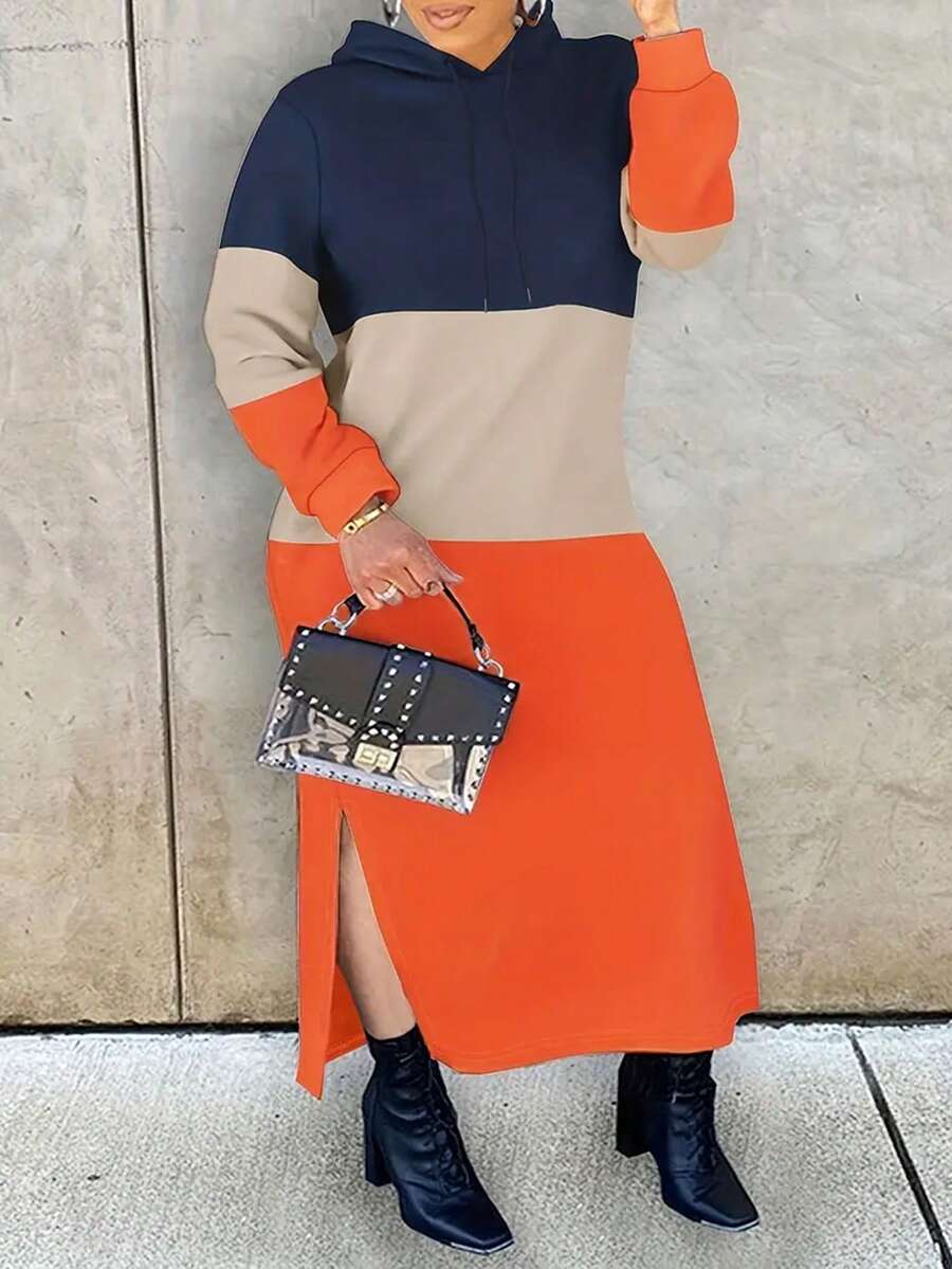 ChicMe Plus Size Colorblock Slit Hooded Sweatshirt Maxi Dress - Orange - View 1