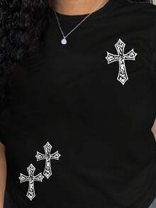 Maweii Plus Size Cross Design Short Sleeve T-Shirt - Black - View 5
