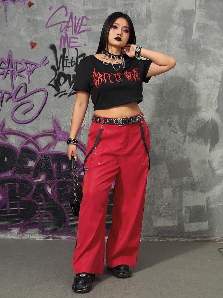 Plus Size Contrast Color Letter & Embossed Print Round Neck T-Shirt
