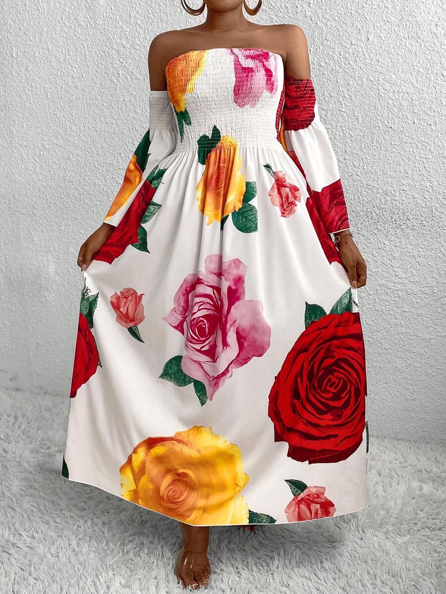 SHEIN Holidaya 大尺碼花卉印花露肩平行縐縫連身裙 - 白色 - 查看 1