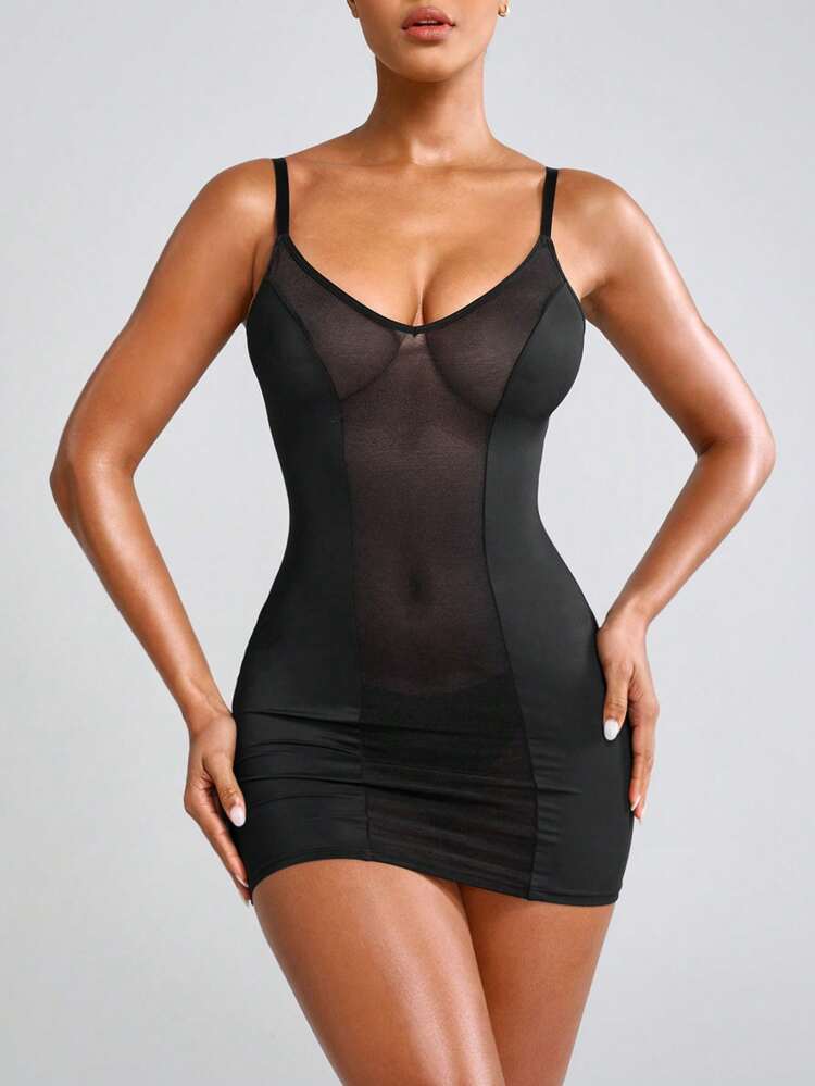 Women's Contrast Mesh Spaghetti Strap Bodycon Dress