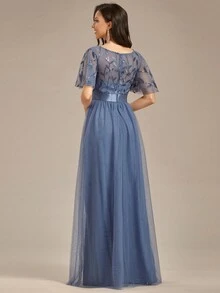 Fall Flutter Sleeve Floral Sequin Dress Mesh Contrast Prom Semi Formal Dress For Dinner Elegant Evening Dress Dusty Blue Wedding Guest Gown