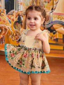Colorful Embroidery Floral Mesh Baby Girl Dress With Lotus Leaf Hem - Multicolor - View 1