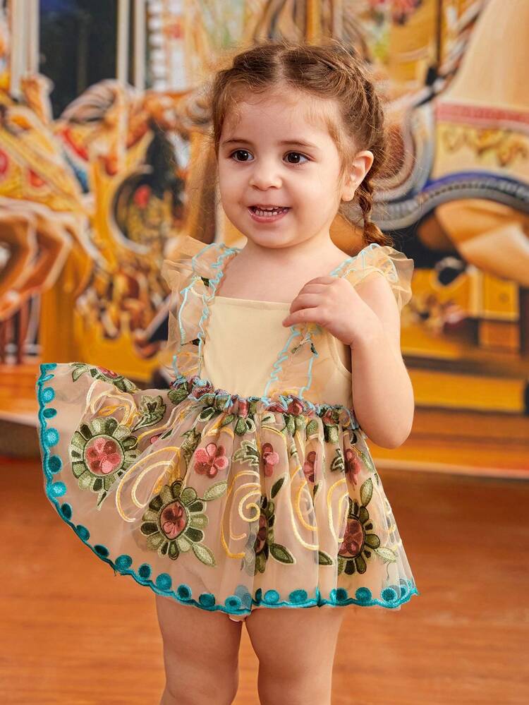 Colorful Embroidery Floral Mesh Baby Girl Dress With Lotus Leaf Hem