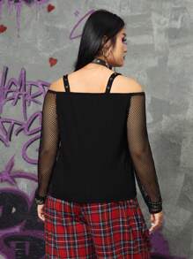 ROMWE Grunge Punk Kích thước lớn Phụ nữ Punk In Áo thun Với Lưới Và Sọ Mô hình hoa - màu đen - Xem 6