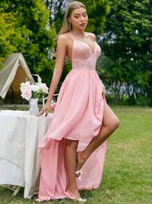 SHEIN Belle 闪亮亮片细节高低伴娘吊带连衣裙 - 藕粉色 - 查看 3