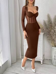 SHEIN Privé Women'S Mesh Contrast Waist-Tie Dress - Brown - View 6