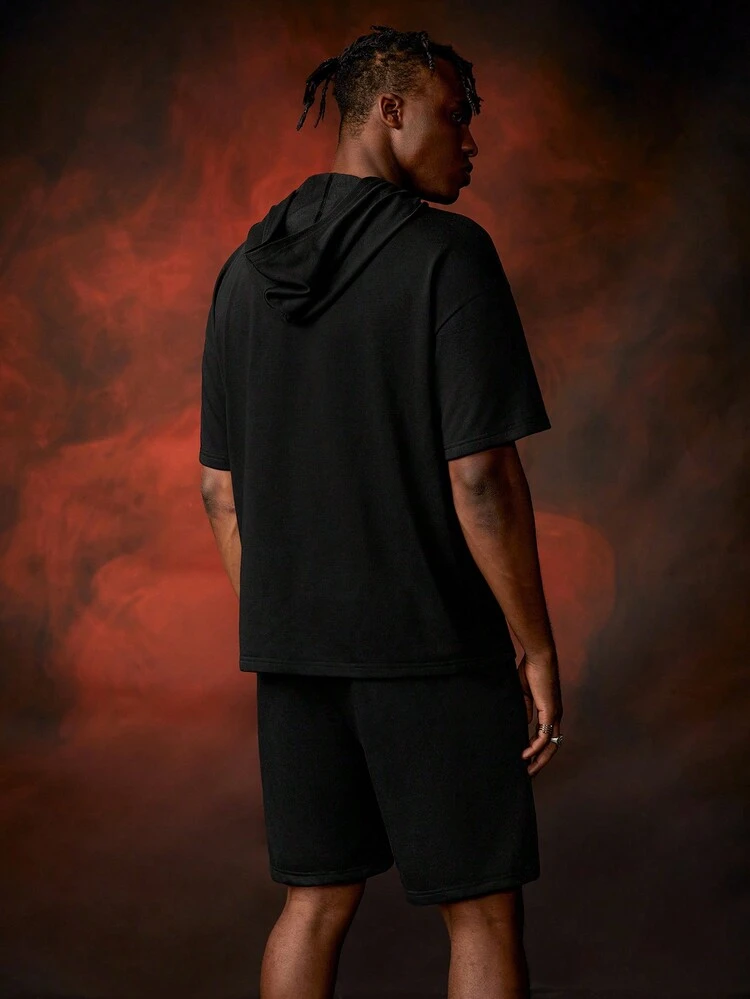 Men Short Sleeve Drop Shoulder Hooded T-Shirt And Shorts With Slanted Pockets Set