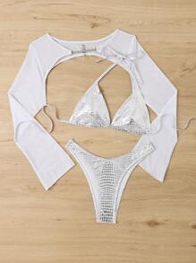 SHEIN Swim Women's Crocodile Textured Halter Neck Tie Bikini Set Summer Beach - Silver - View 7