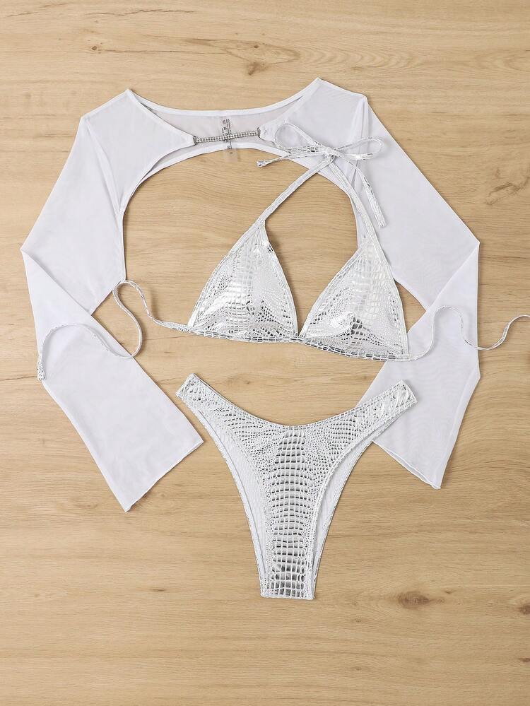 Women's Crocodile Textured Halter Neck Tie Bikini Set Summer Beach
