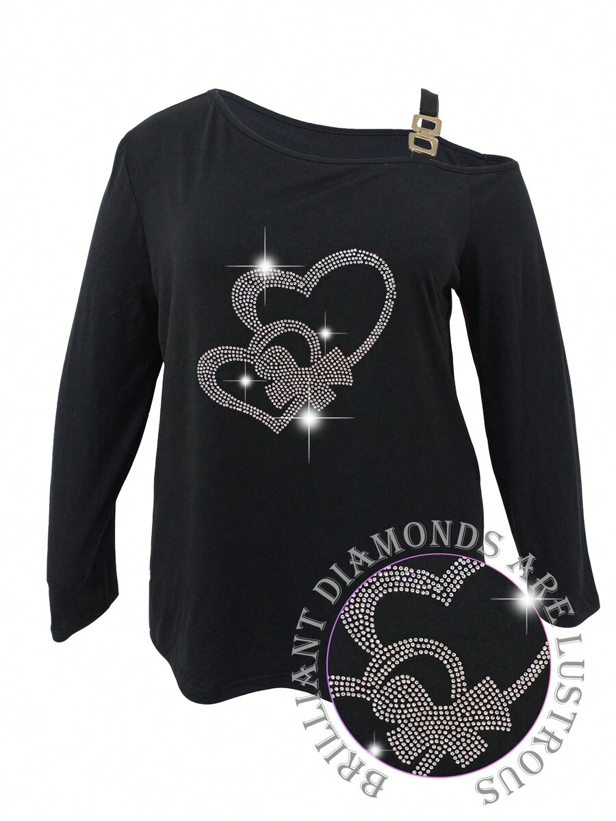 SHEIN LUNE 大尺碼不對稱領長袖t恤,鑽石心形和蝴蝶結設計 - 彩色 - 查看 1