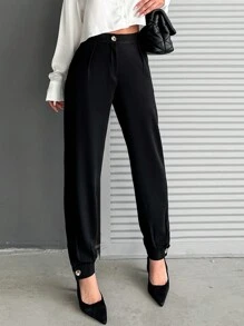 SHEIN Cottnline Button Detail Suit Pants - Black - View 6