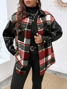 Calvaya Plus Plaid Print Drop Shoulder Jacket - Red - View 3