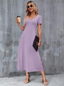 SHEIN Clasi Của phụ nữ Cổ chữ V Ngắn tay Dài Đầm - Màu tím hoa cà - Xem 5