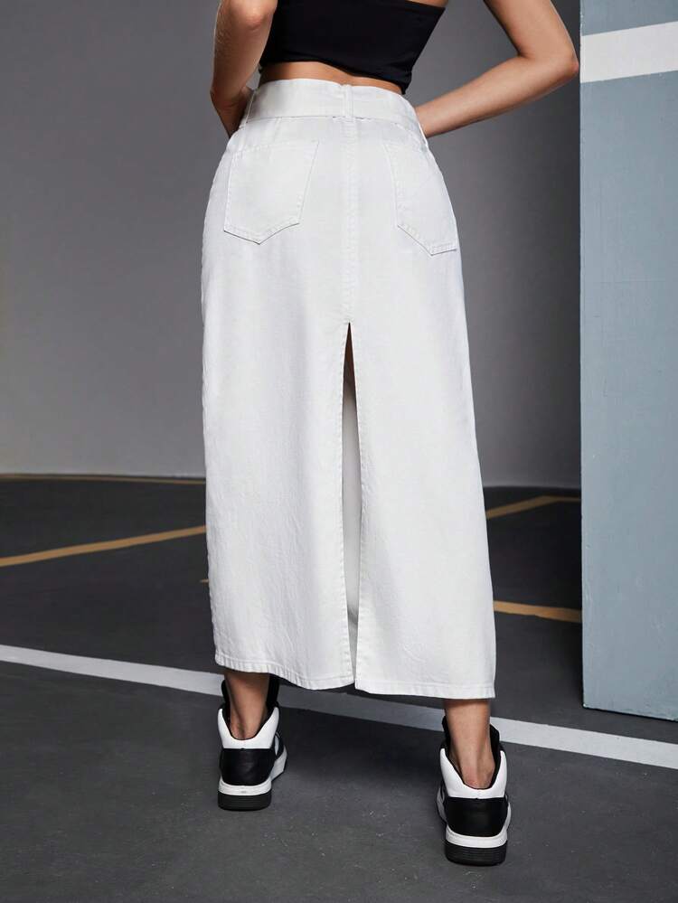 Ladies' Solid Color Back Slit Straight Denim Skirt