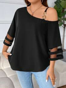 SHEIN Privé Plus Size Women'S Asymmetrical Collar Lace Patchwork Sheer Blouse