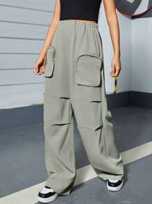 Teenage Girls' Woven Solid Color Casual Wide Leg Pants With Pockets - Green - View 5