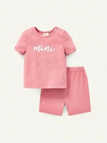 Cozy Pixies Baby Girl Snug Fit Pajama Set With Letter Printed Round Neck Short Sleeve Top And Shorts, 4pcs Matching Set - Pink - View 8