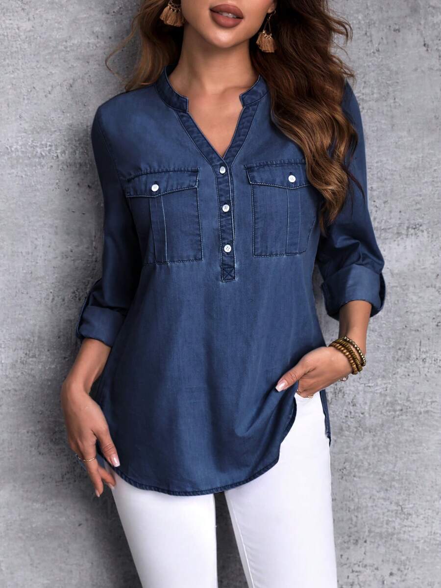 EMERY ROSE Women's Notched Collar Long Sleeve Denim Shirt New Long Sleeve/Half Sleeve Button Pocket Thin Denim Top - Blue - View 1