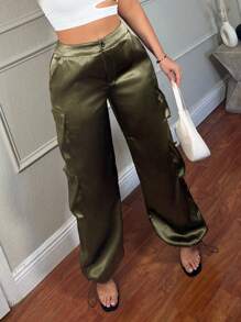 SHEIN SXY Women's Satin Cargo Pants With 3d Pockets, Streetwear Style, Festival Clothing - Grey - View 3